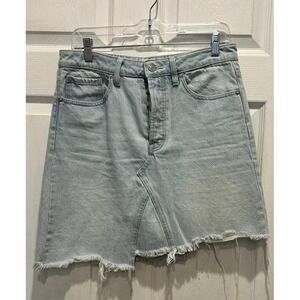 We The Free Free People Light Wash Denim Mini Skirt Asymmetrical Raw Hem Size 28